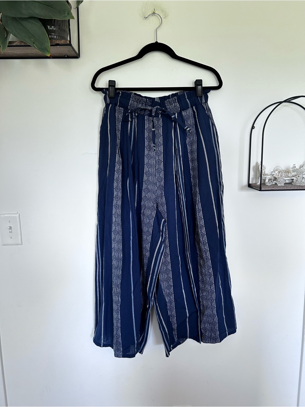NWT Works Market 100% Cotton Wide Leg High Rise Waist Blue White Pants Large/XL